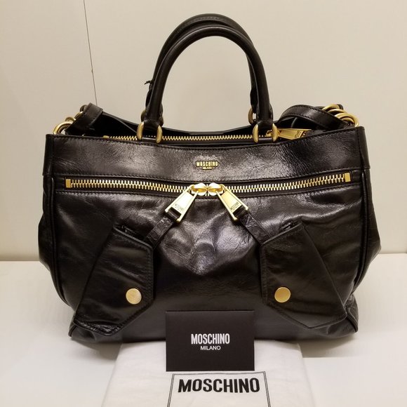 MOSCHINO BLACK SHINY LEATHER BIKER SATCHEL BAG - Picture 1 of 12
